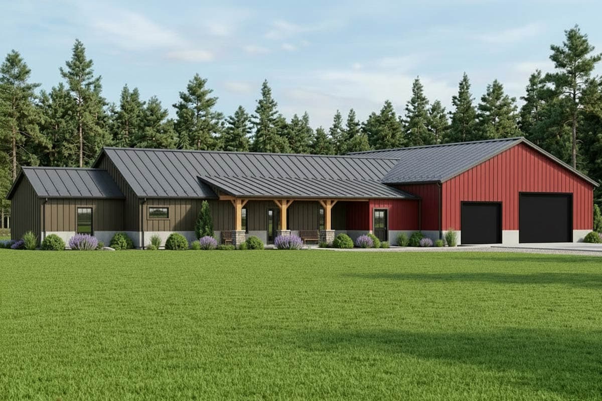 House plan exterior. Ranch-style with a covered porch, shed roof, and attached garage. Features include mixed siding and exposed timber supports.