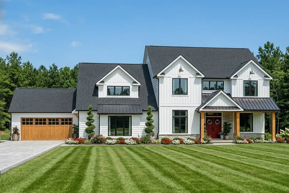 Modern Farmhouse house plan exterior, two stories, white board and batten siding, gables, dormers, and attached garage.