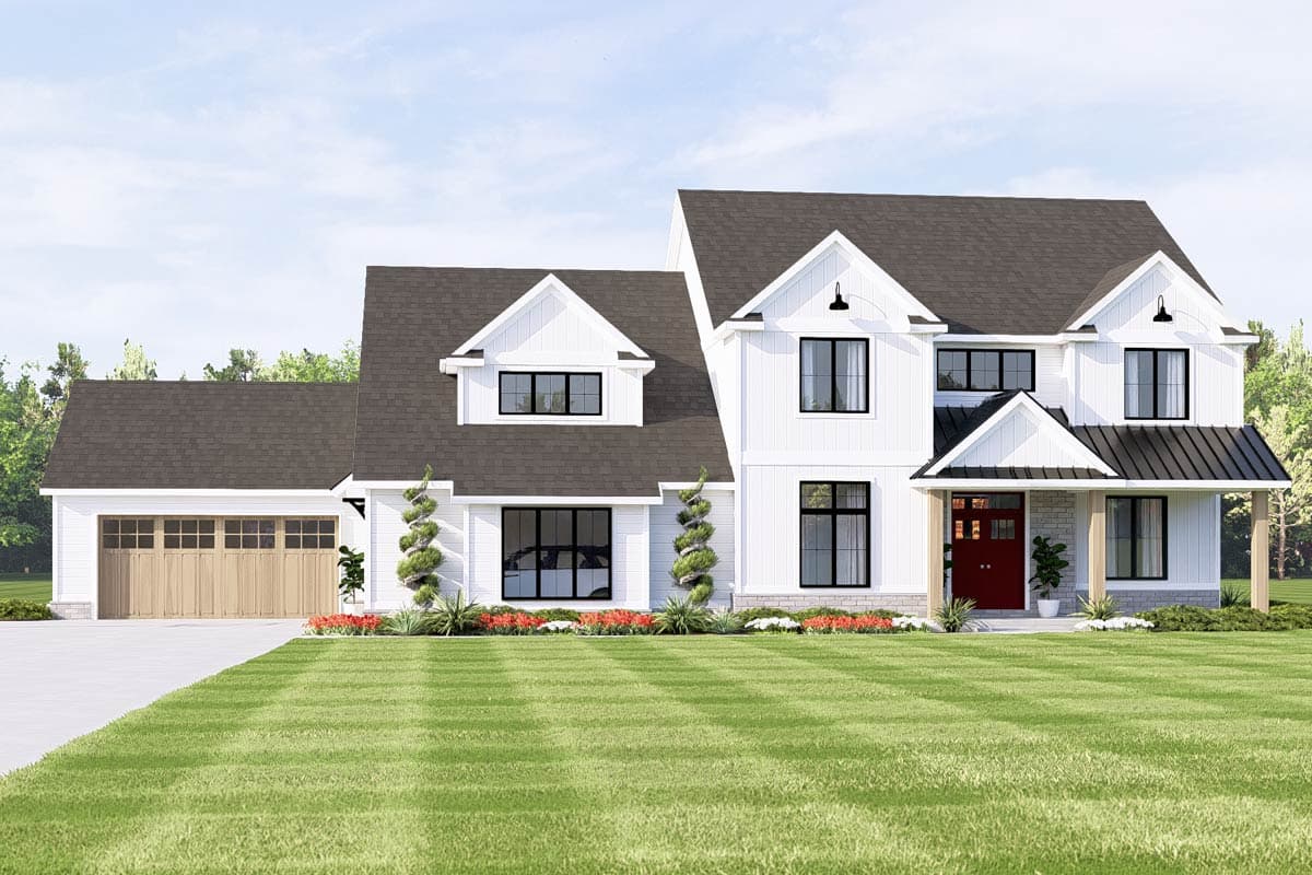 House plan exterior. Two-story Modern Farmhouse with gabled roof, dormers, and front porch. Attached garage has black doors.
