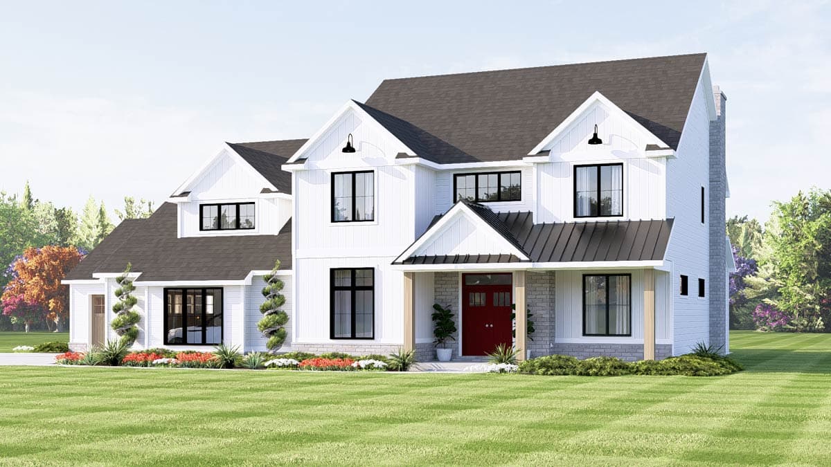 House plan exterior with gabled roof, large brick chimney, and covered porch.