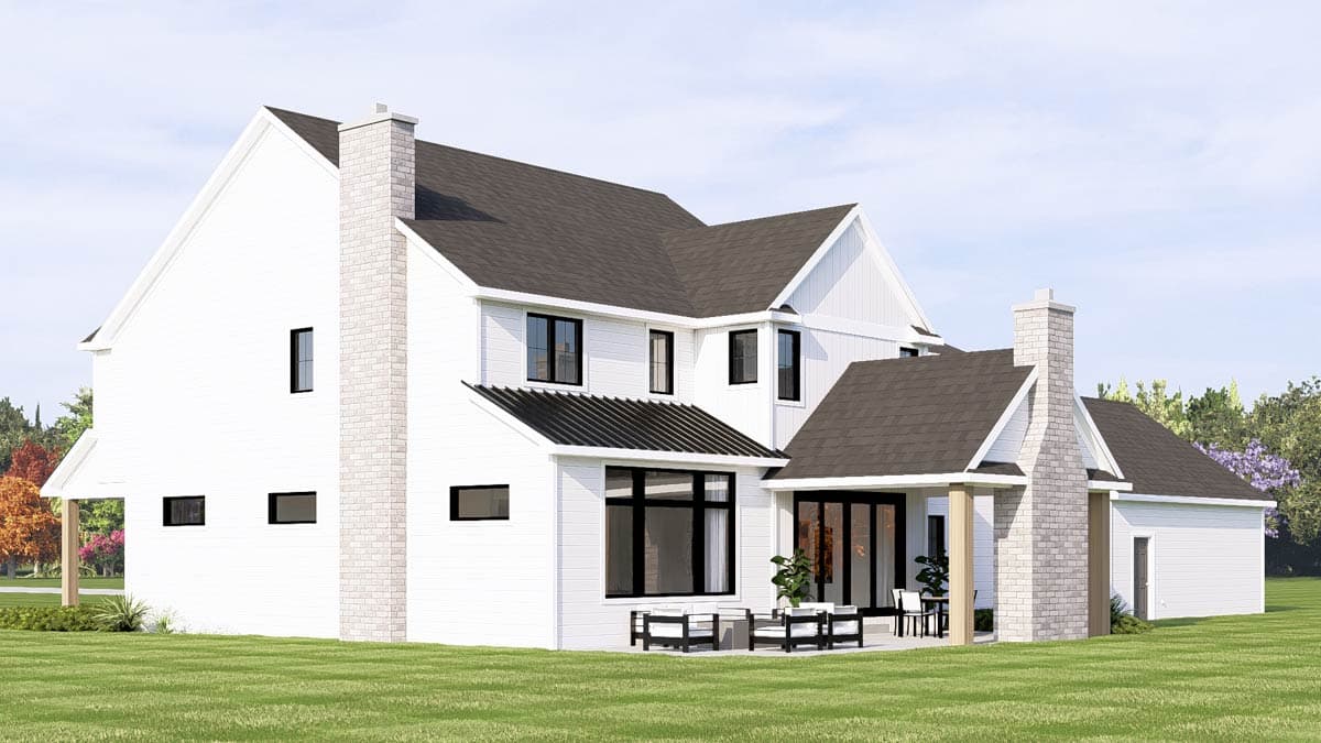 Modern Farmhouse house plan exterior, two stories, white board and batten siding, stone chimney, gables, dormers, and attached garage.