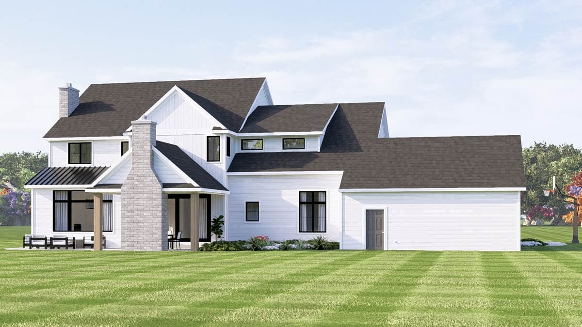 Modern Farmhouse house plan exterior with white board-and-batten siding, gables, and a black garage door with windows.