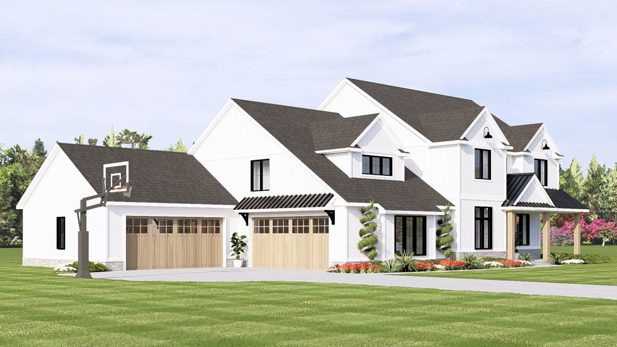 Modern Farmhouse house plan exterior with a two-car garage, one-car garage, gables, dormers, and a covered front porch.
