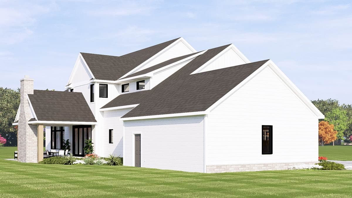 House plan exterior: Modern Farmhouse style, two stories, with prominent gables, a covered porch, and a brick chimney.