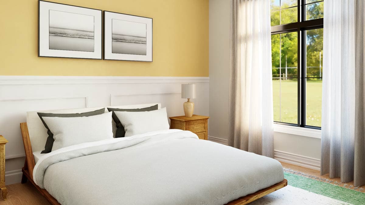 Bedroom rendering with a queen-size bed, bedside table, and large window with sheer curtains revealing a green yard.