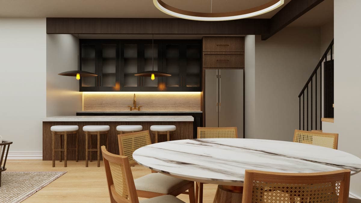 Rendering of a kitchen area with dark cabinets, marble countertop, and dining area with cane-back chairs.