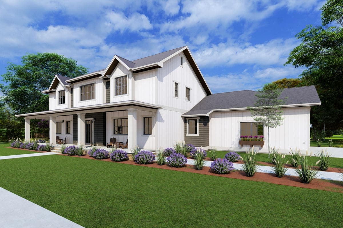 Modern Farmhouse house plan exterior with wraparound porch, multiple gables, and board-and-batten siding.