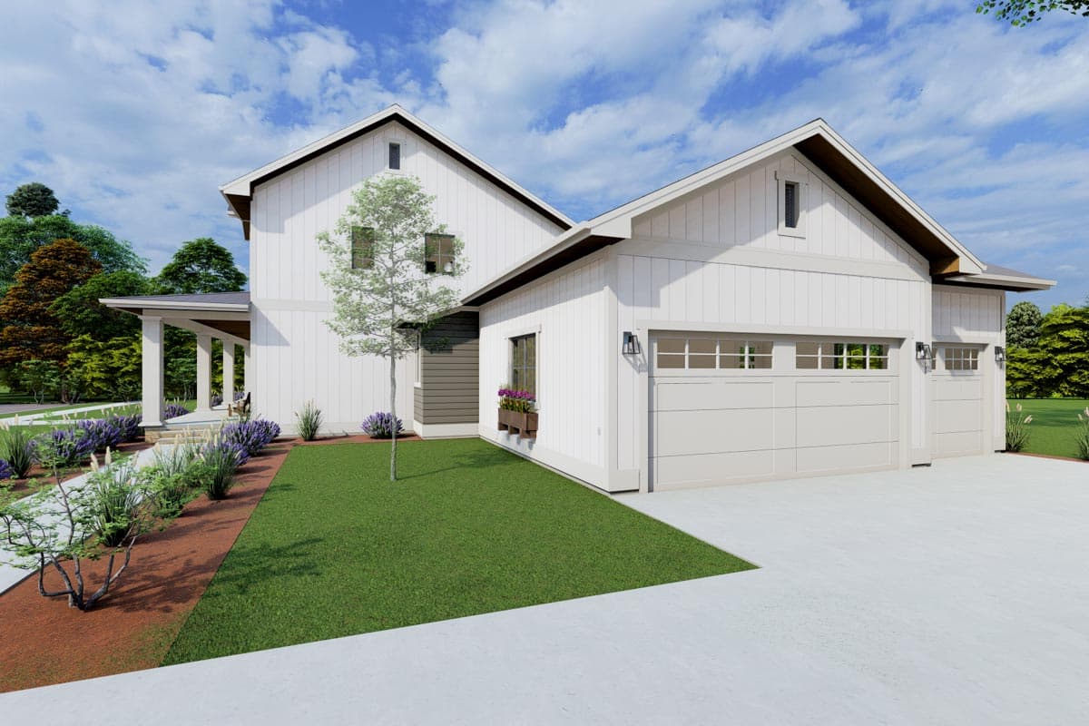 Modern Farmhouse house plan exterior with two stories, covered porch, gabled dormer, and attached side-entry garage.