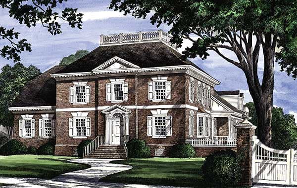 House plan exterior featuring a brick facade, Federal style, pedimented dormers, symmetrical windows, and a fenced entryway.