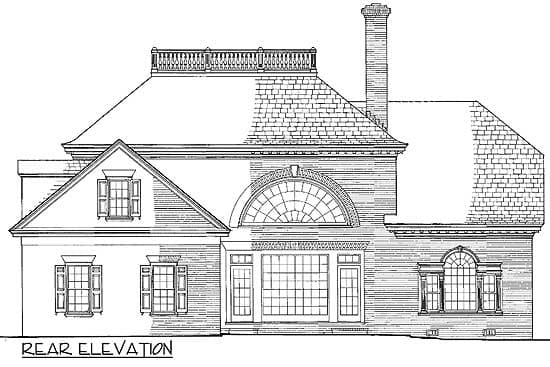 Rear elevation drawing of a house plan featuring a gambrel roof, dormers, arched windows, and a prominent chimney.