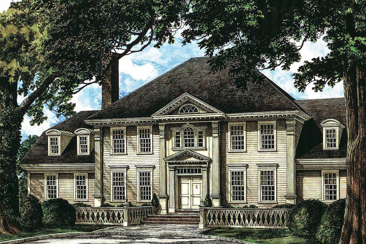 House plan exterior: Georgian style, two stories, central portico, quoins, and dormer windows.
