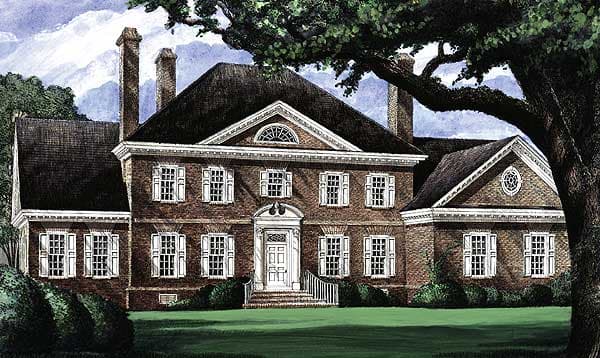 House plan exterior: Two-story brick home with symmetrical facade, prominent central entrance with portico, multiple gables, and two brick chimneys.