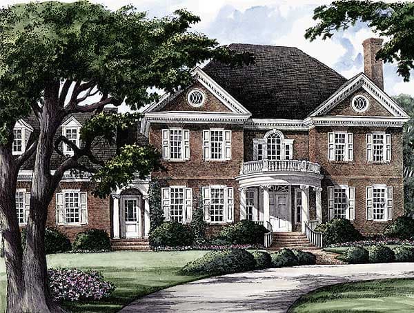 House plan exterior rendering of a two-story brick home with a prominent portico, balcony, dormers, and symmetrical window arrangement.