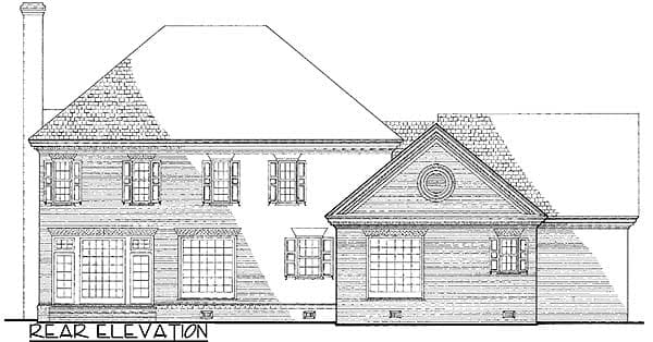 Rear elevation drawing of a two-story house with a large chimney, multiple windows with shutters, and a prominent gable.