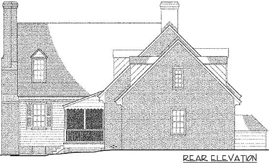 Rear elevation drawing of a two-story house with a dormer window, screened porch, and brick chimney.