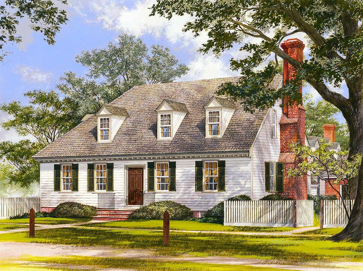 House plan exterior of a two-story Colonial-style home with dormer windows, a prominent brick chimney, and a white picket fence.