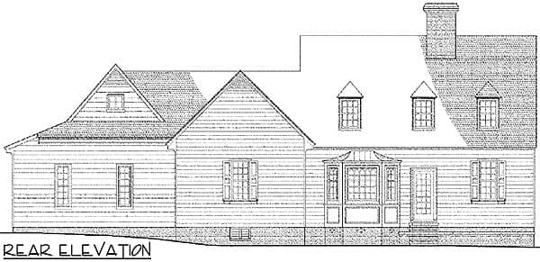 Rear elevation drawing of house plan featuring gables, dormers, bay window, and chimney.