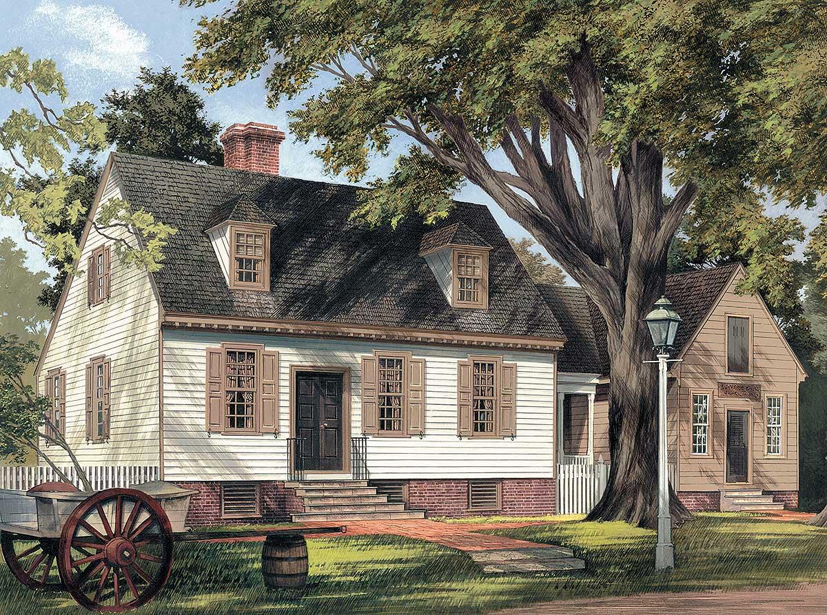 Colonial house plan exterior with clapboard siding, gambrel roof, dormers, and brick foundation.