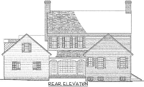 Rear elevation house plan with varied rooflines, dormers, prominent chimney, and arched porch.
