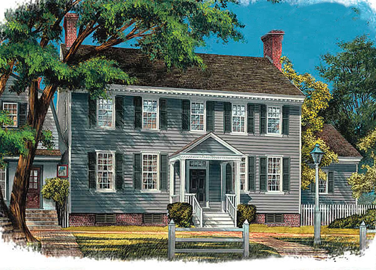 House plan exterior: Two-story Colonial style with central pedimented entry porch, multi-pane windows, and dormers.