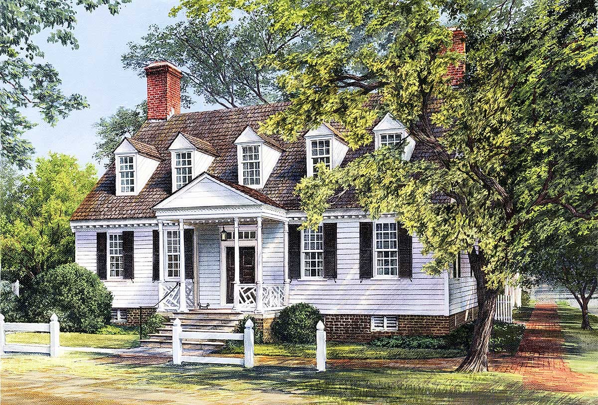 Colonial style house plan exterior with five dormers, a central porch with columns, and multi-pane windows.