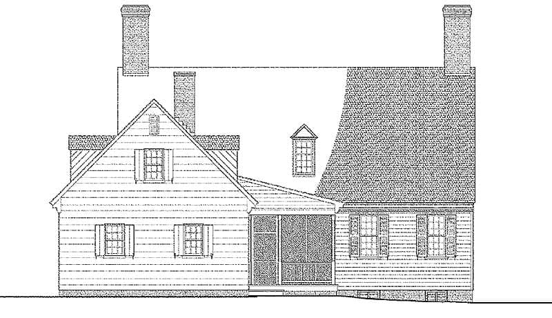 House plan exterior drawing showing multiple gables, two chimneys, and a screened porch.