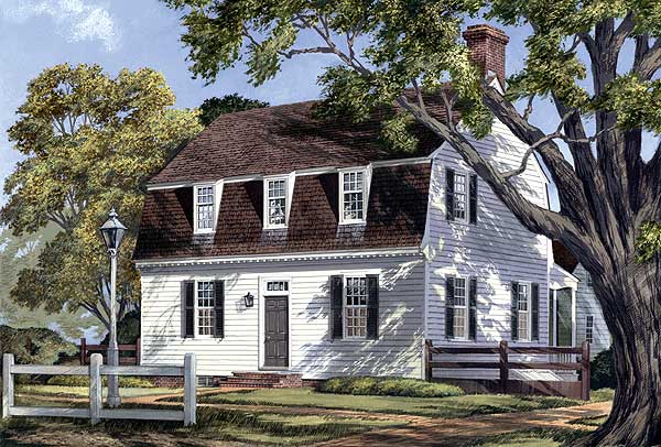 House plan exterior: Colonial style, two stories, gambrel roof, dormer windows, central entry with portico.