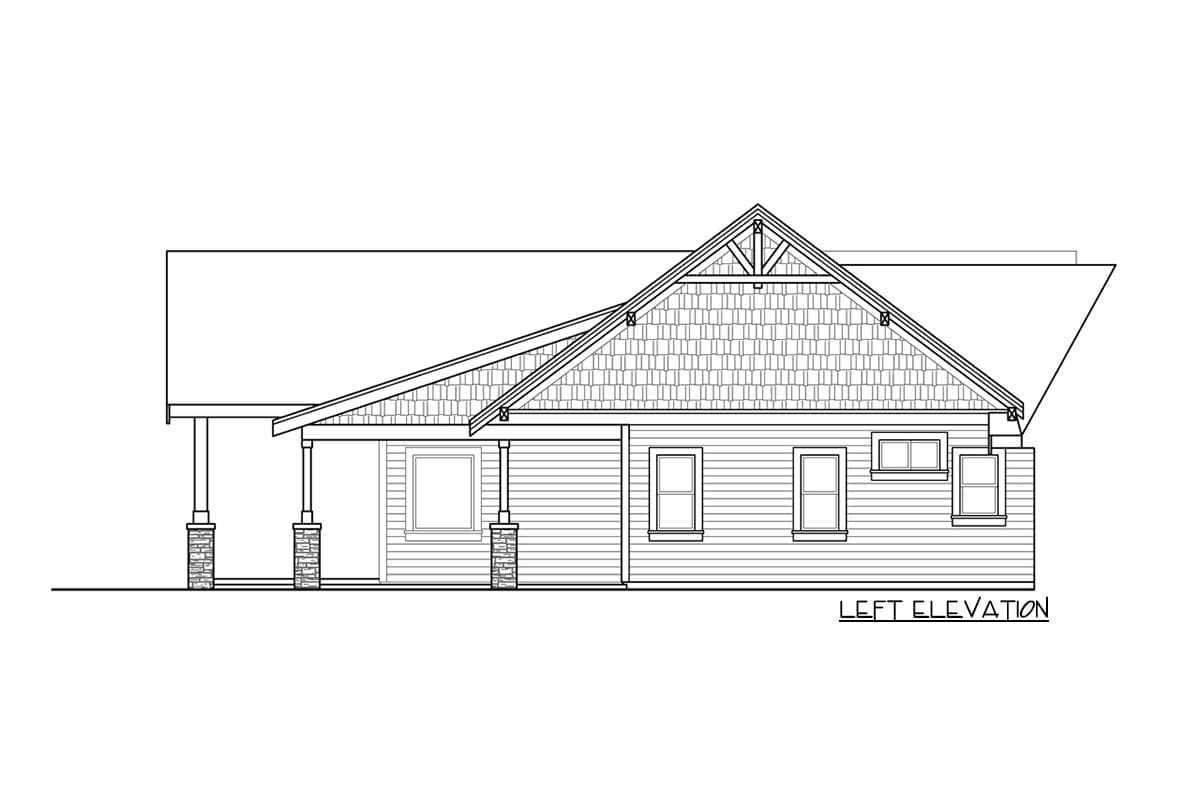 Left elevation drawing of a single-story house plan featuring a covered porch with stone columns and a prominent gable with decorative trim.