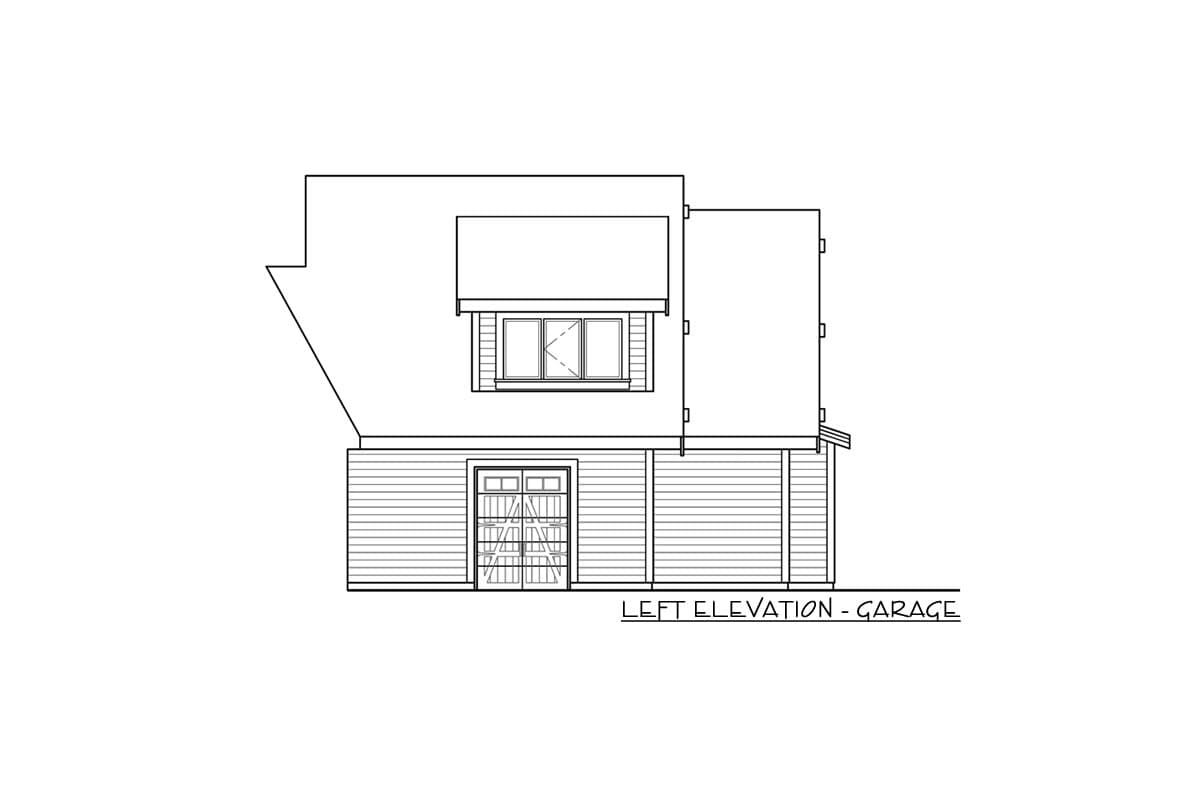 Left elevation drawing of a garage with horizontal siding, a double garage door, and a second-story window.