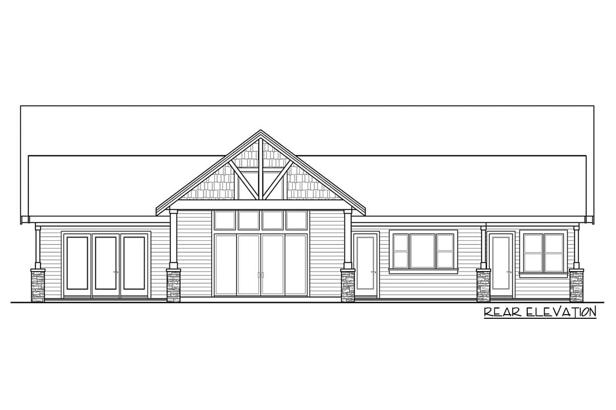 Rear elevation drawing of a single-story house with a prominent gable, large glass doors, and stone-clad porch columns.