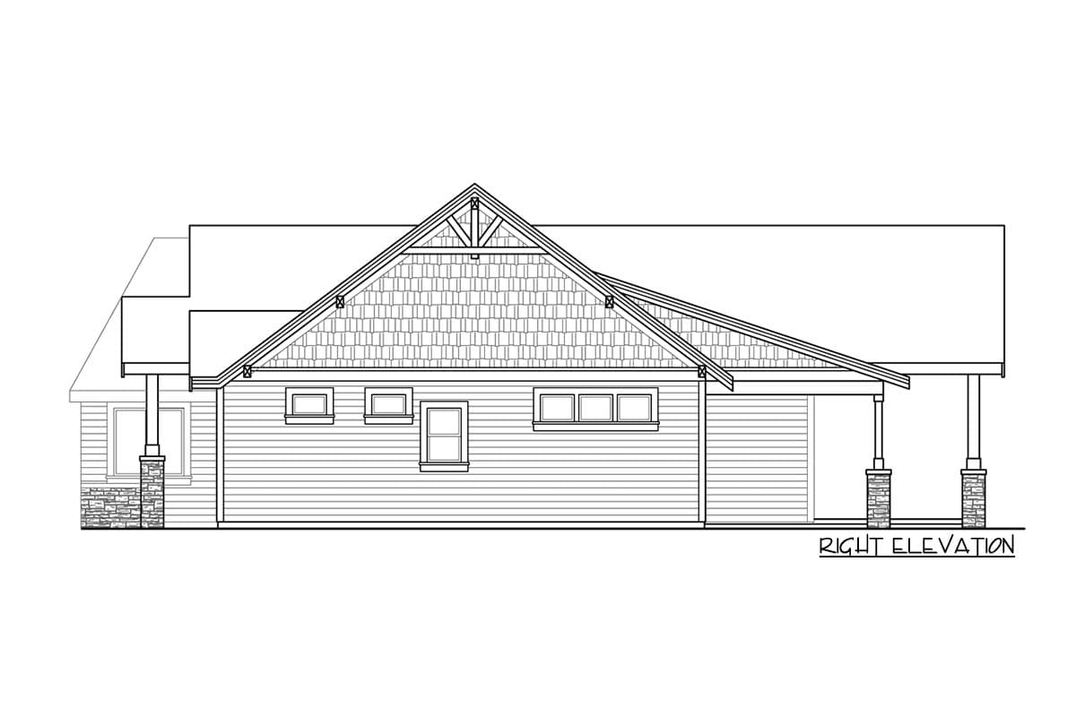 Right elevation house plan with prominent gabled roof, shingled gable end, covered porch supported by stone-clad columns, and horizontal siding.