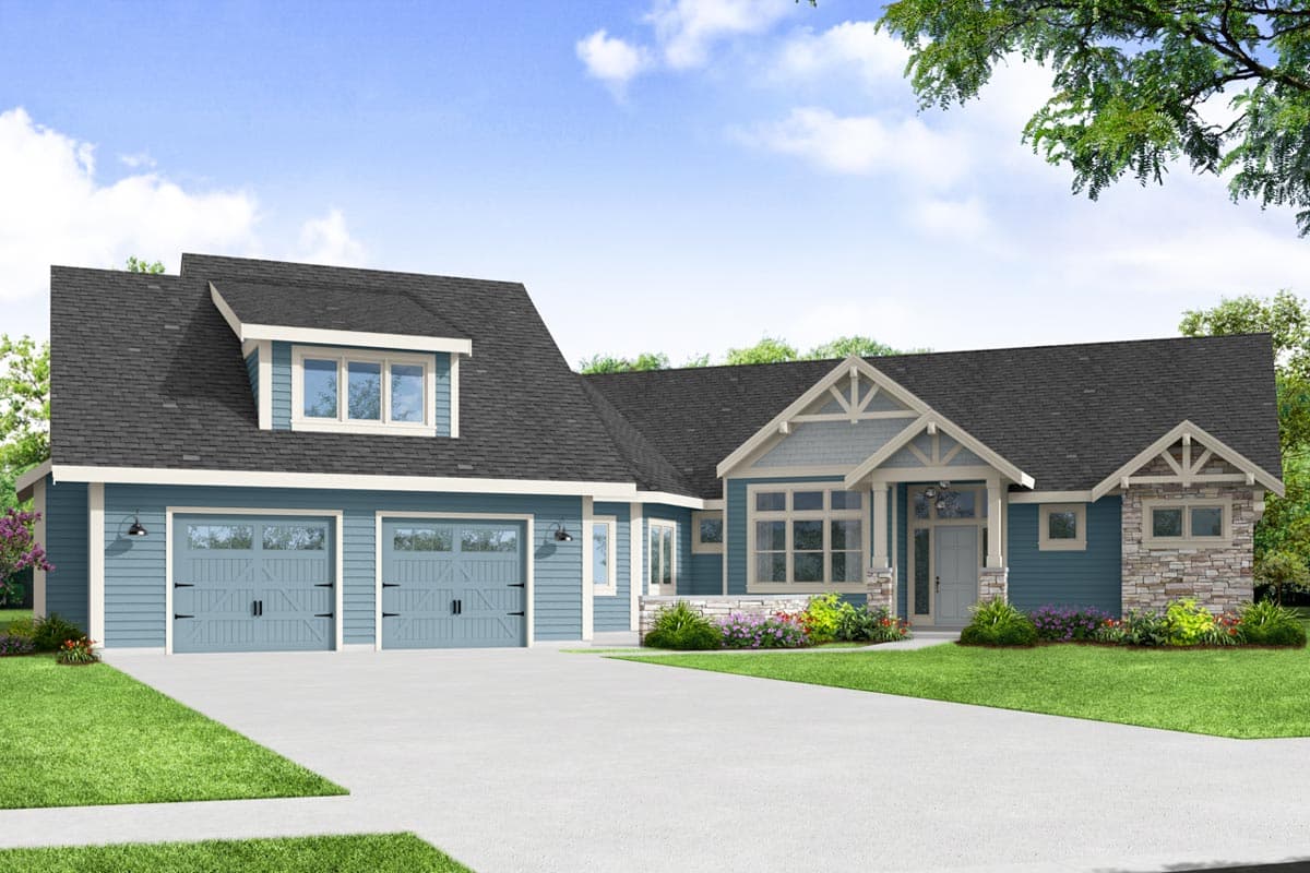 House plan exterior with Craftsman details. Features include a front-facing garage, gables, and a covered entry porch.
