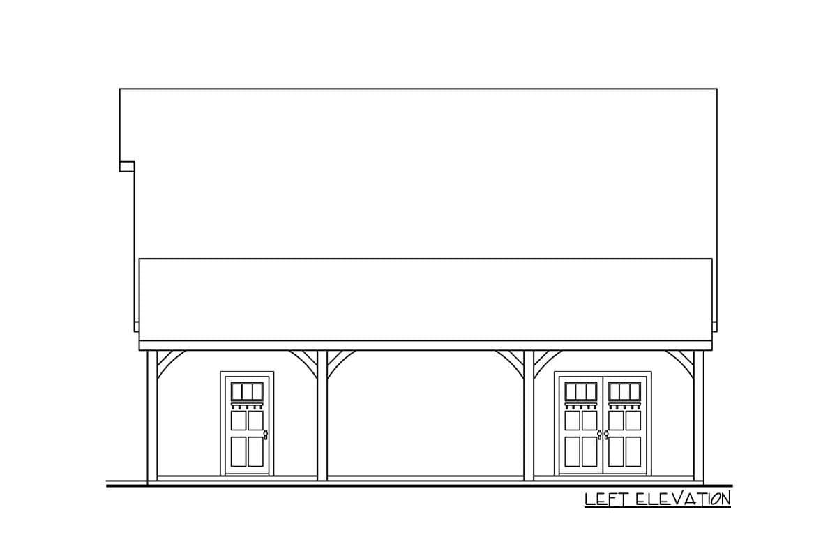 Left elevation drawing of a house plan featuring a covered porch with two doors and window transoms.