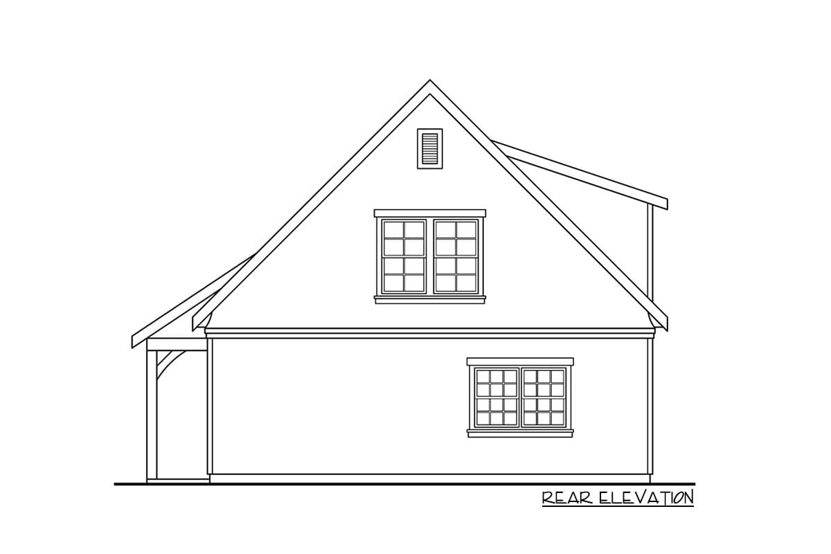 Rear elevation drawing of a house plan featuring two stories, a gable roof, two windows on the main level, and one window and a vent in the gable.