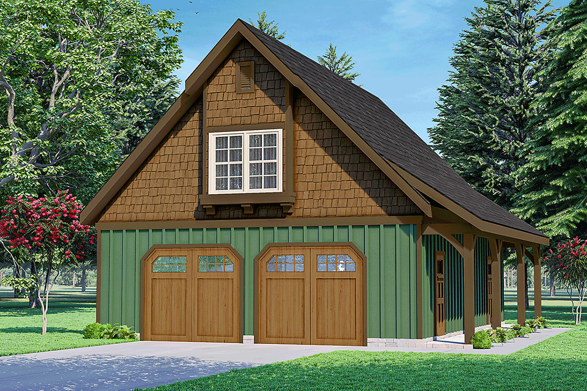 House plan exterior with Craftsman style, featuring a two-car garage, front porch, and gable roof with dormer window.