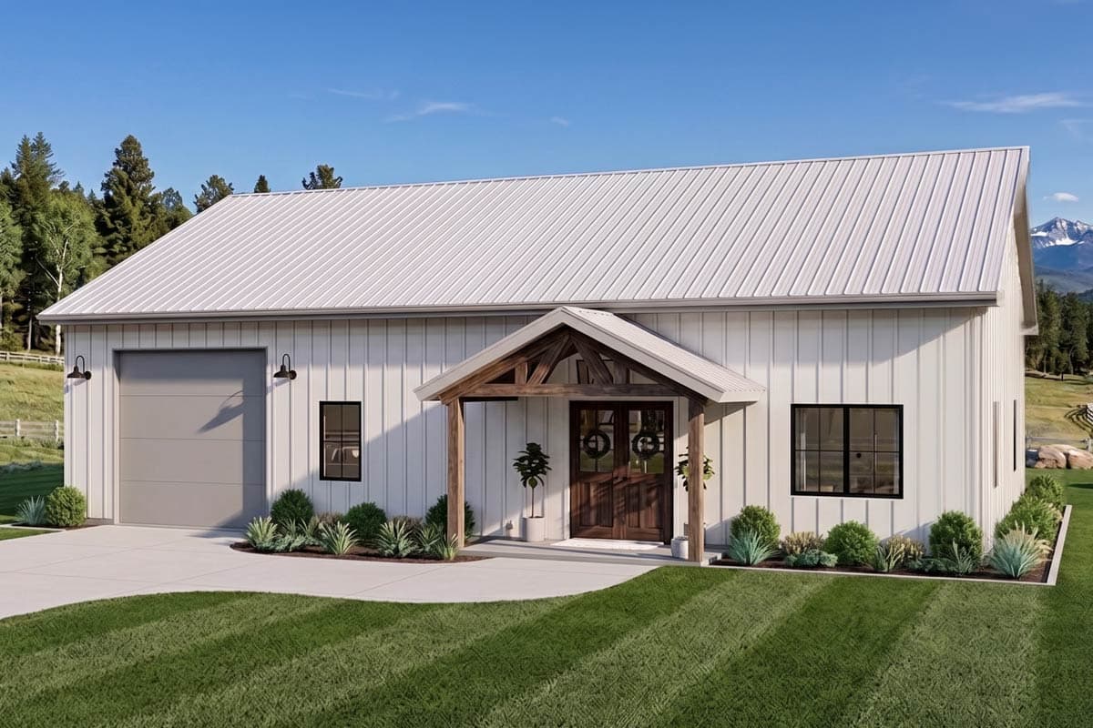 House plan exterior with board and batten siding, gable roof, and a wood-framed entry portico. Includes a garage with an overhead door.