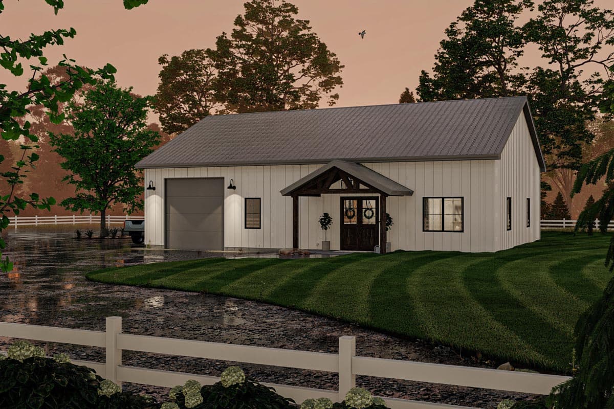 Modern farmhouse house plan exterior with vertical siding, gable roof, covered entry with timber beams, and attached garage.