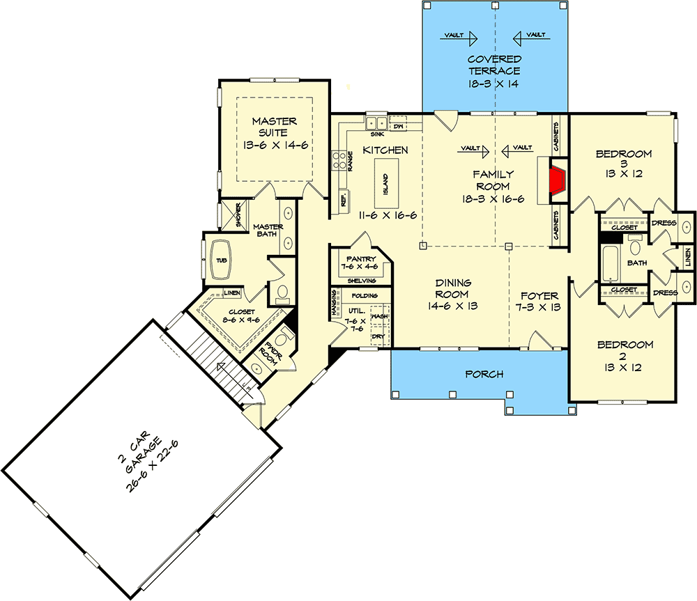 Plan 360081DK: 2,000 Square Foot Craftsman House Plan with Angled Garage - Floor Plan - Main Level - Country, Craftsman, Northwest, Ranch, Traditional