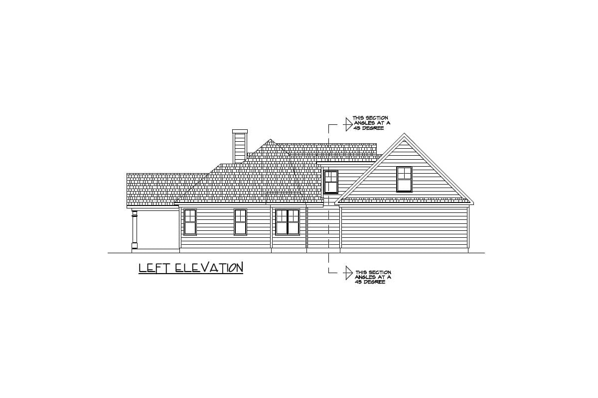 Left elevation drawing of a house plan showing a gable end, dormer, chimney, and horizontal siding.