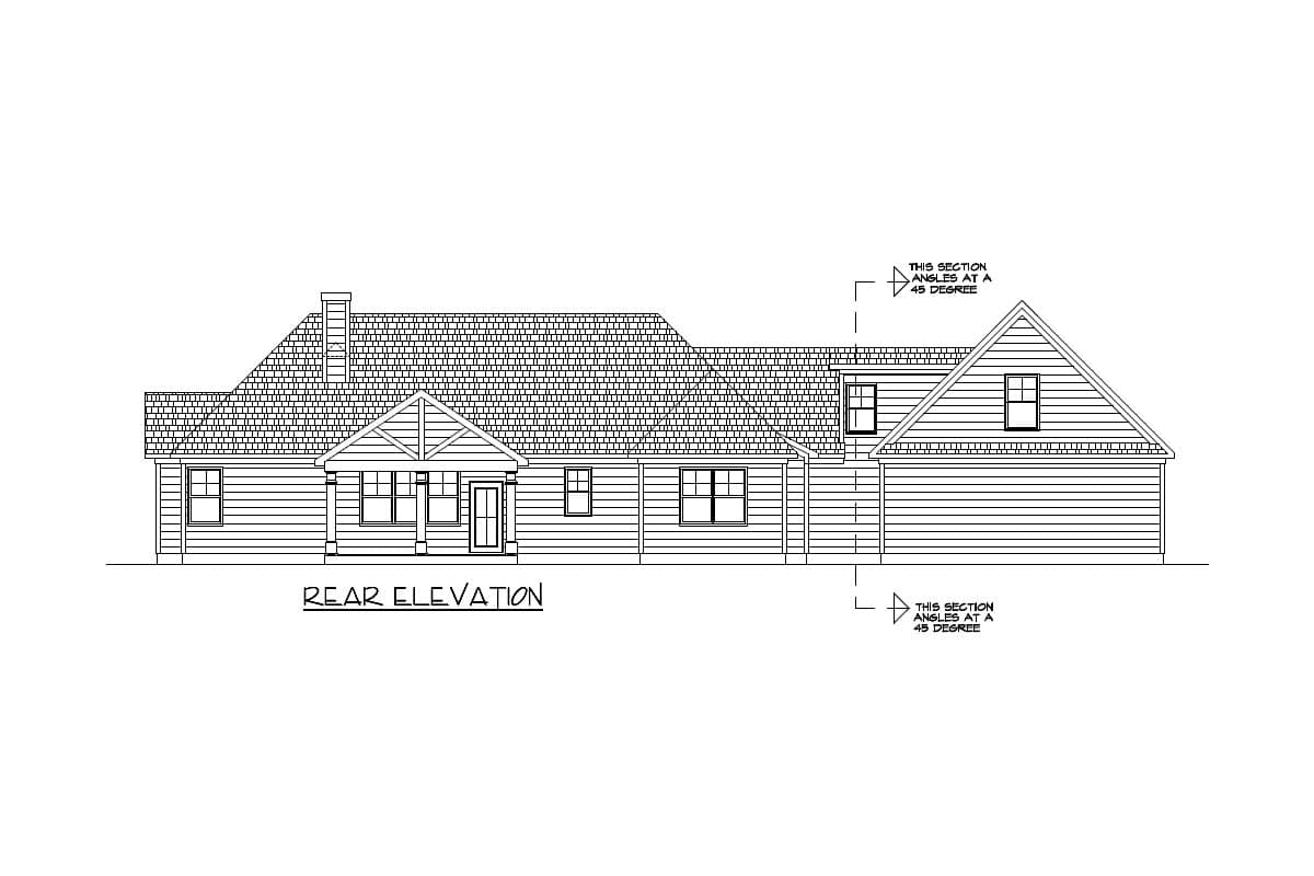 Rear elevation house plan with gabled roof, covered porch with timber detailing, and multiple windows.