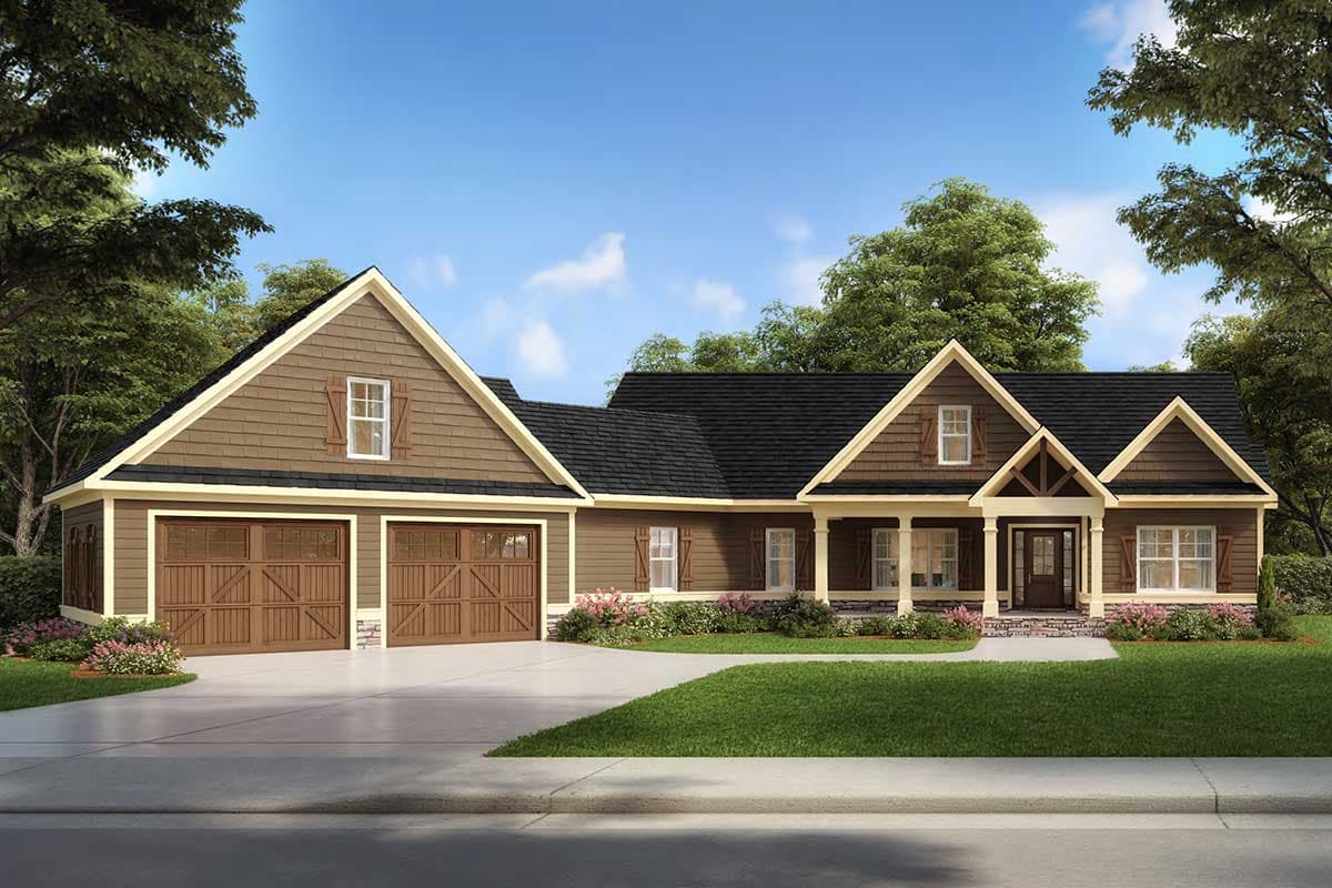 House plan exterior with Craftsman style, single-story, front porch, gables, and attached garage with two bays.