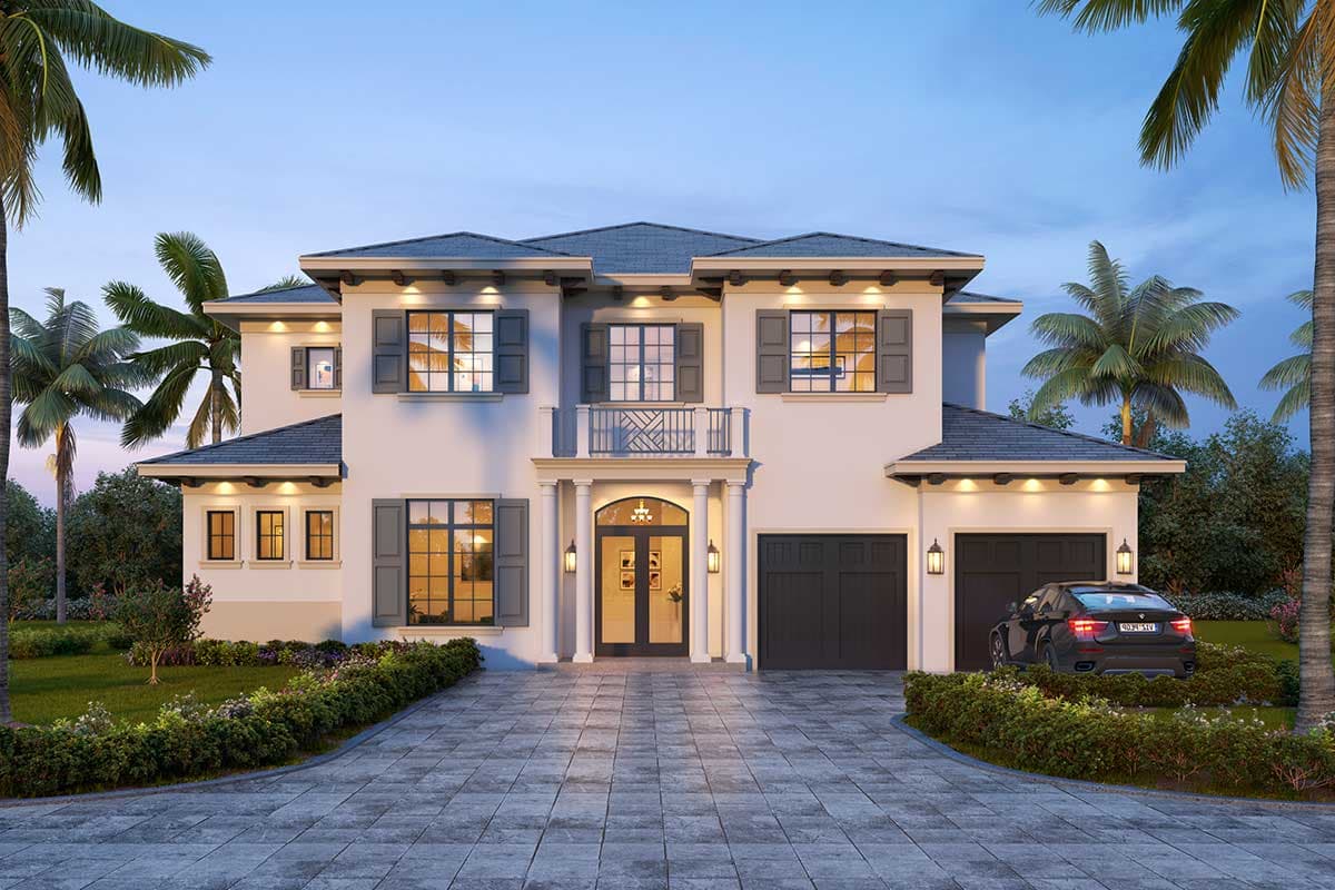 House plan exterior. Two-story Mediterranean style home with shutters, a balcony, and a two-car garage. Features a gabled roof.