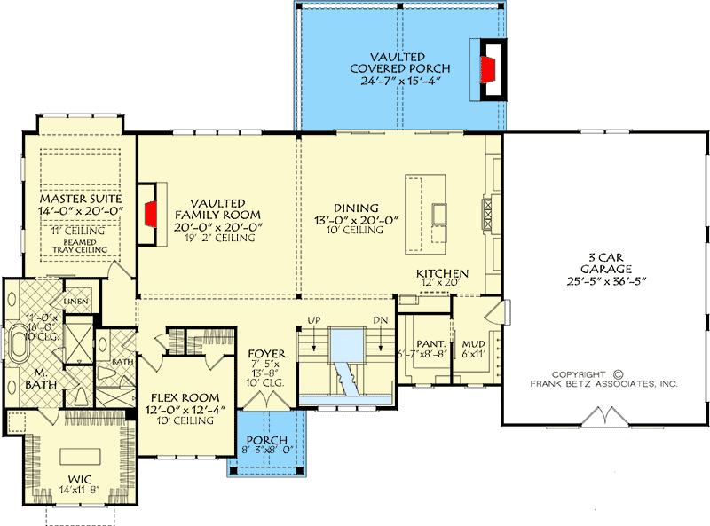 Plan 710388BTZ: 4 Bedroom House Plan with Steeply Pitched Gables and an Upstairs Bonus Room - 3651 Sq Ft - Floor Plan - Main Level - Country, New American, Southern, Traditional