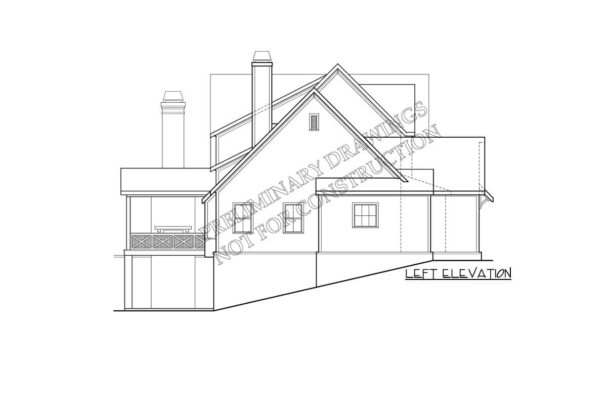 Left elevation drawing of a house plan with multiple gables, dormers, and a covered porch.