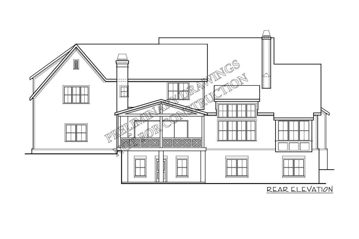 Rear elevation house plan with multiple gables, a covered porch with x-bracing, and various window configurations.