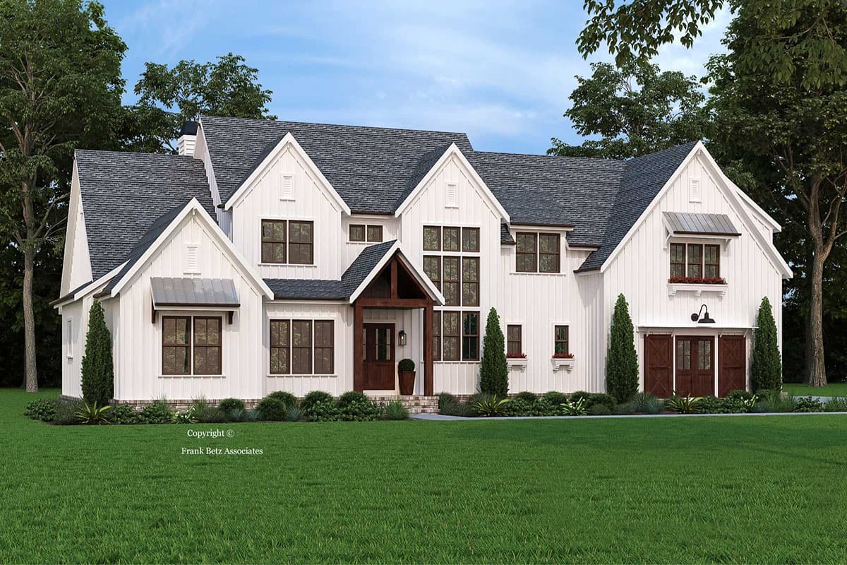 House plan exterior. Two-story Modern Farmhouse with multiple gables, shed-roof porch, and board-and-batten siding.