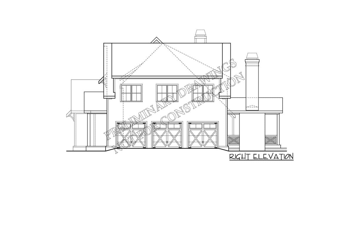 House plan right elevation drawing showing two stories, three garage doors, multiple windows, and a covered porch.