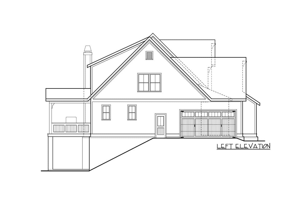 Left elevation of a house plan showing a covered porch, chimney, dormer window, and multi-pane garage door.