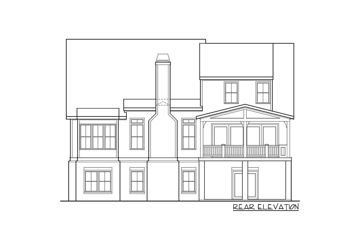 Rear elevation house plan with covered porch, multiple gables, and a prominent chimney.