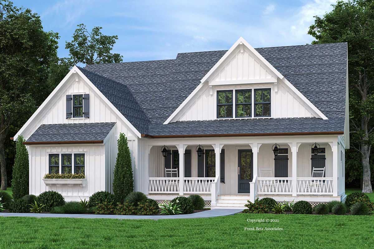 House plan exterior. Farmhouse style, one story. Features include a front porch with columns, gables, and a prominent roofline.